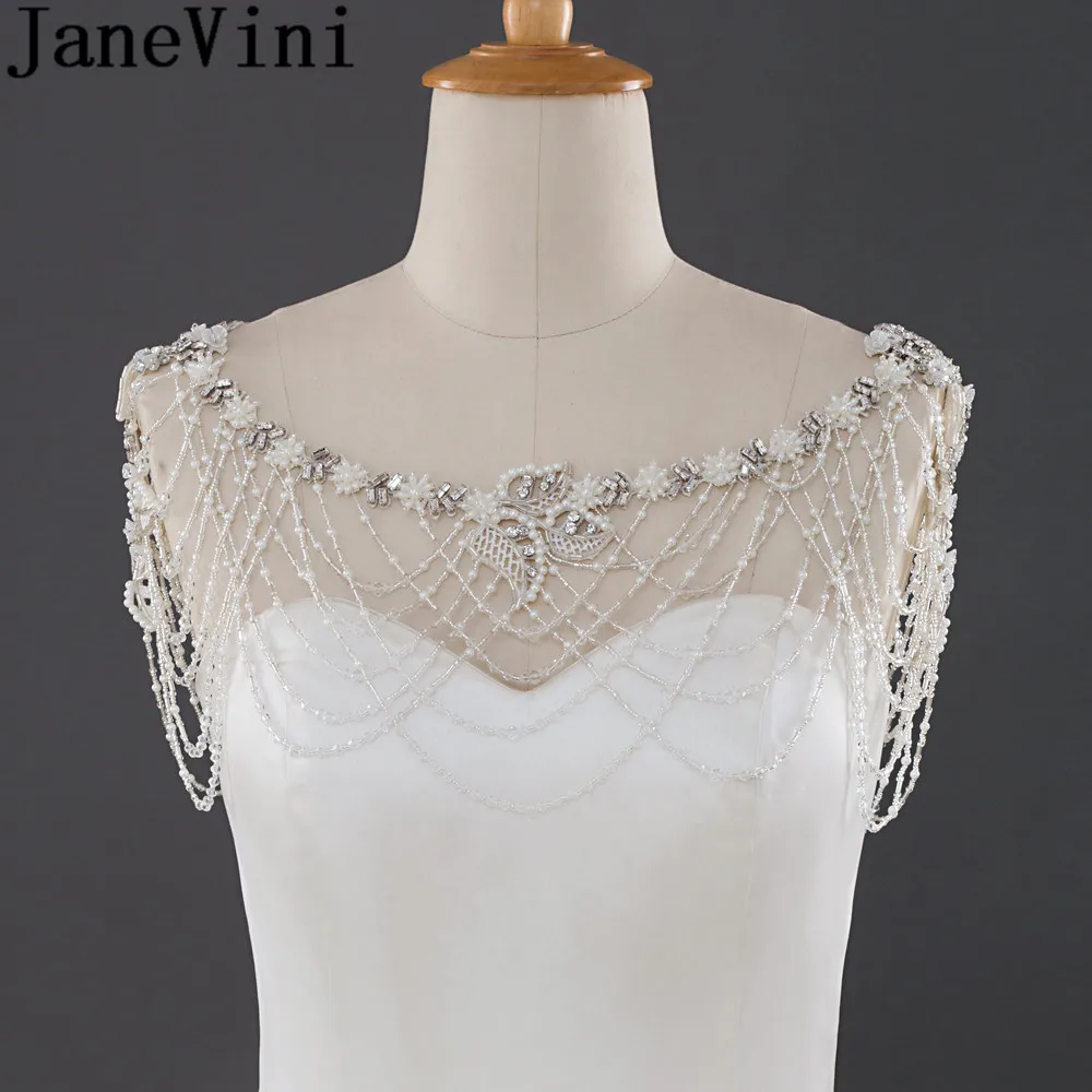 

JaneVini Boho Bride Crystal Necklace Rhinestone Bridal Shoulder Necklace Pearl Women Pageant Prom Wedding Shoulder Chains Strap