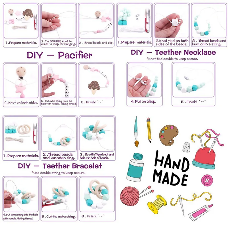 Let\'s Make 1Set DIY Baby Silicone Beads Rainbow Teether Rodent Wooden Pendant DIY Necklace Infants Tooth For Children\'s Product