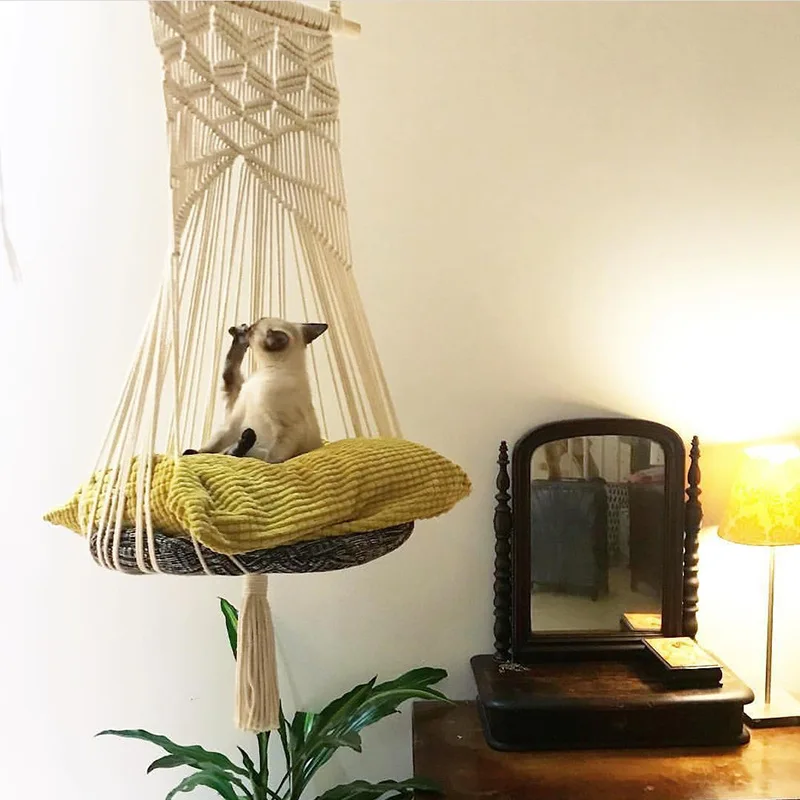 Boho Cat Swing Cage Handmade Macrame Pets Support Nordic Pet House Cats Hanging Sleep Chair Seats Toy Four Seasons Available