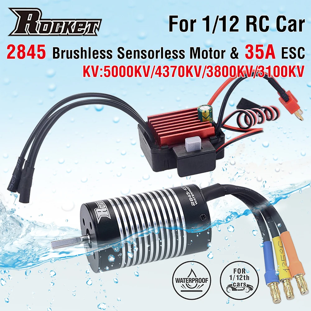 

Rocket 2845 Waterproof Brushless Sensorless Motor 3100KV 3800KV 4370KV 5000KV w/35A ESC for 12428 1/12 RC Car