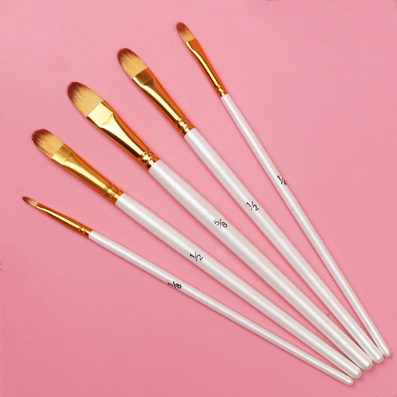 

5 pcs/set white short birch rod Hazelnut shape head nylon hair acrylic paint brush watercolor art pigment oil painting brush