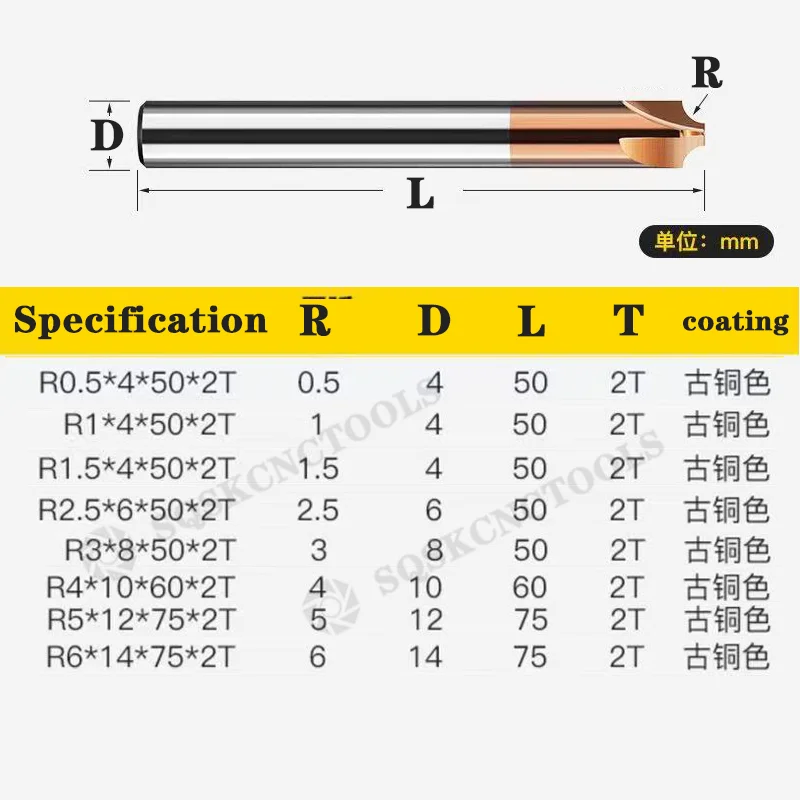 Carbide Radius Corner Rounding Cutter End Mill CNC Tool R0.5 R1 R2 R3 R4 R6 Chamfering Outside Radii Quarter Circle Router Bit