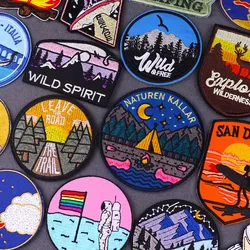 Mountain Patch Nature Adventure Embroidery Patches For Clothing Iron On Patches On Clothes Wilderness Stripe Patch Camping Badge