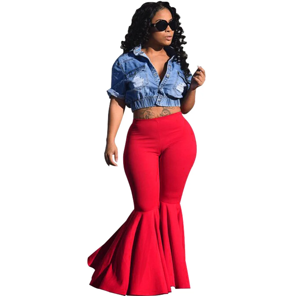 Fashion Ruffle Flare Pants Wide Leg Women Colorful Bodycon Mid Waist Bell-Bottoms Pant Vintage Solid Trouser