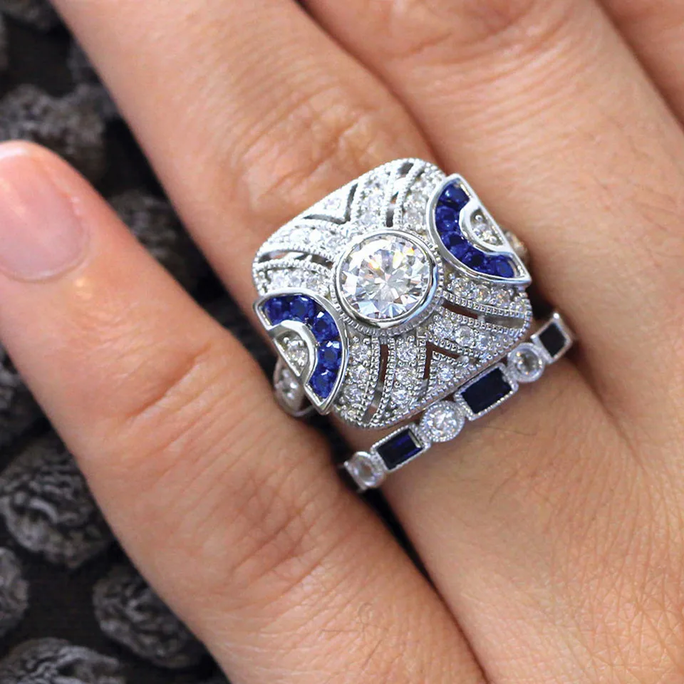 Women's 925 Silver Wedding Ring Set with Zircon Crystal, Elegant Design