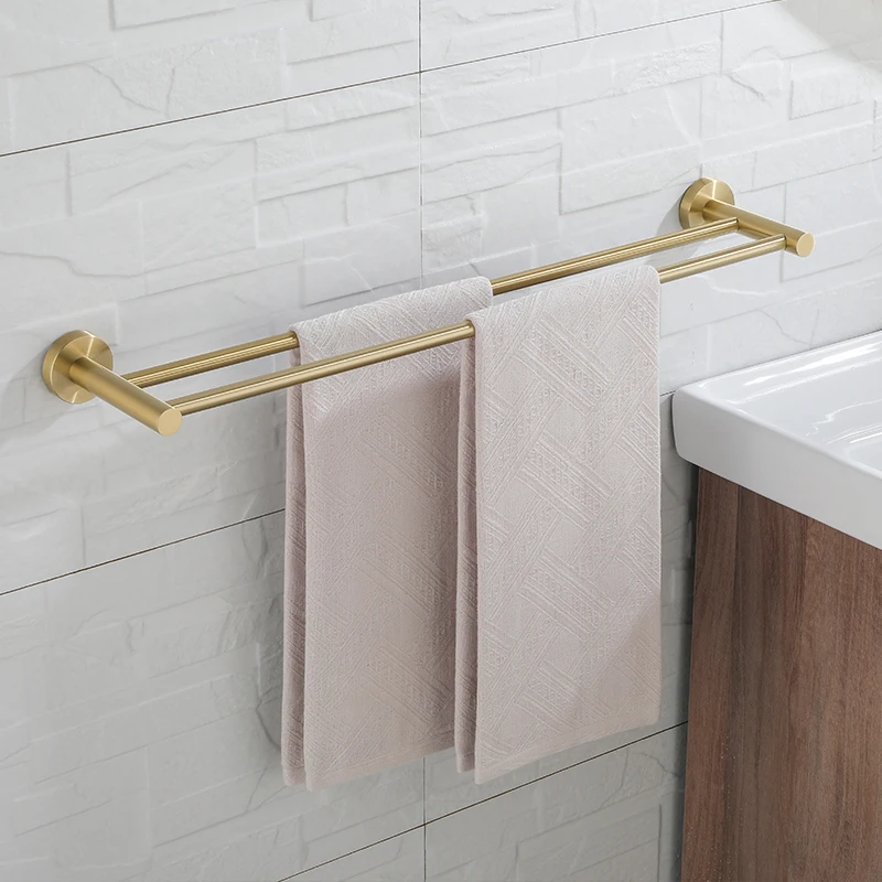 

Vibrant Moderne Brushed Gold Towel Racks Fashion Gold Color Double Bar 304 Stainless Steel Bathroom Accessories Wall Mounted