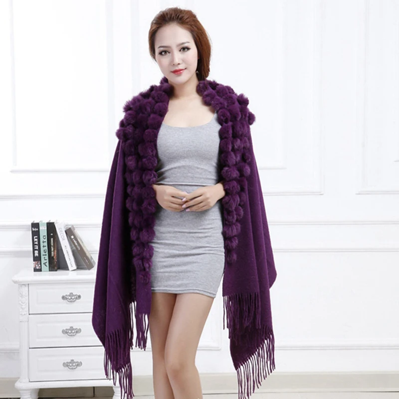 

Fashion Shawl Winter 100% Wool Scarf Women Fur Shawls Rabbit Fur Pompom Shawl Scarf Wool Scarf Warm Wool Scart Brand
