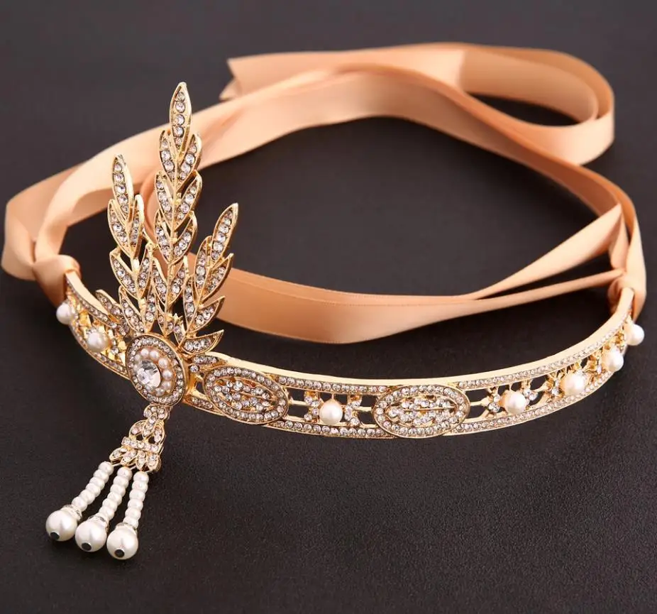 Accesorio para el cabello con perlas y patrón de hojas, diadema con diamantes de imitación, Tiaras de cristales, joyería, pasador