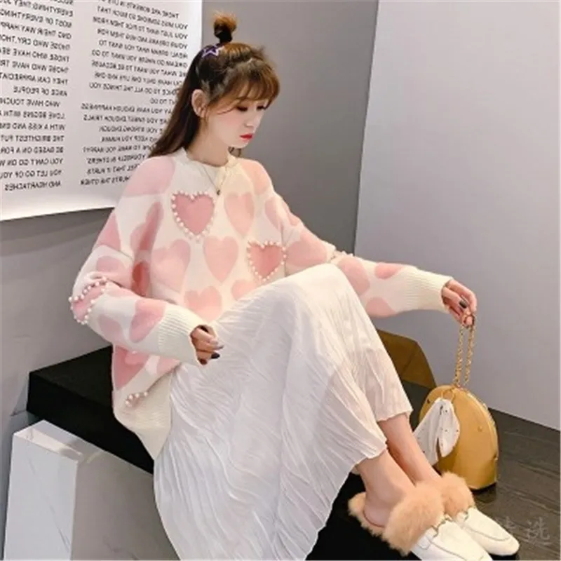 High Quality Heart Pearls Beading Sweater Women Pink Kawaii Jumpers Korean Long Sleeve Knitted Pullover Sweater Casual Knitwear