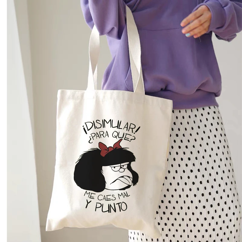 Kawaii Shopping Bag Mafalda Cute Anime Harajuku Canvas Bag Tote Bag Lady Handbag Large Capacity Shopper Bag Casual Shoulder Bag