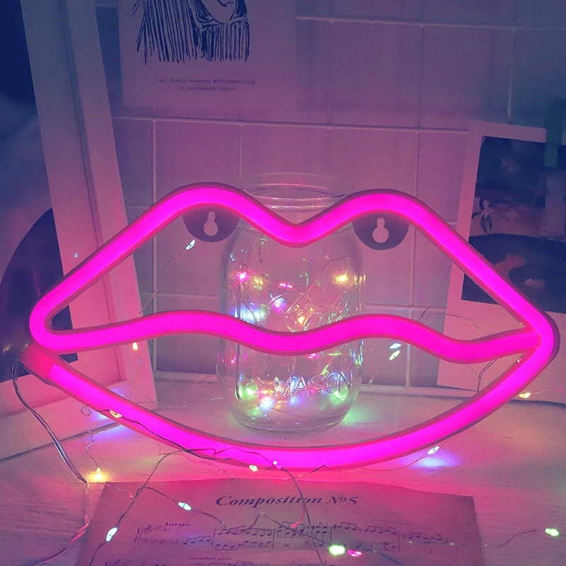 

Pink Lip Shaped Neon Signs,Led Safety Art Wall Decoration Lights Neon Lights Night Table Lamp 4 Colors