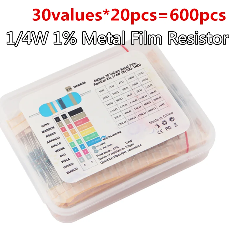 30values X20pcs=300pcs 1/4W Metal Film Resistor Kit 1% Resistor Assorted Kit Resistors Set 10R -1M Ohm Resistance Box
