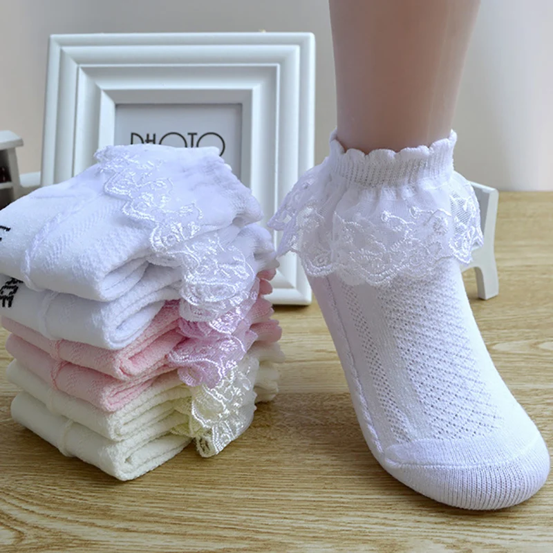 

USHINE Baby Toddler Girls Ruffle Socks White Lace Ruffle Frilly Princess Eyelet Cotton Ankle Dress Socks for Little Kids Gils