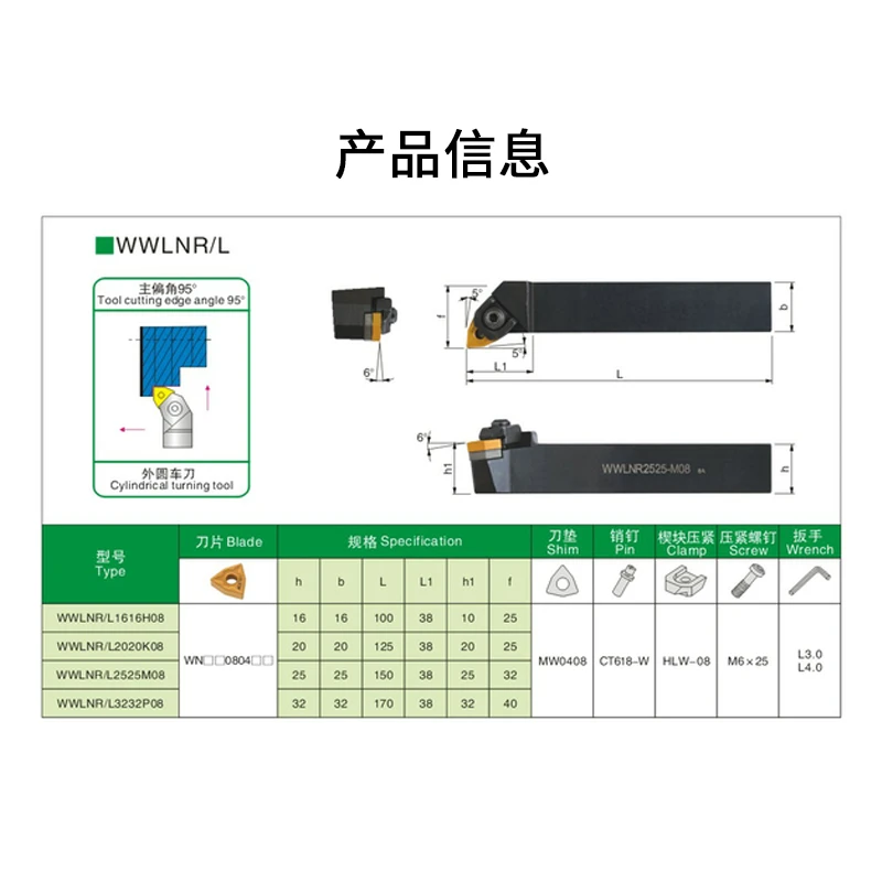 WWLNR1616H08 WWLNR2020K08 WWLNR2525M08 CNC Cylindrical Tool Holder 95° Is Suitable for WNMG Milling Hard Alloy Lathe Tool Holder