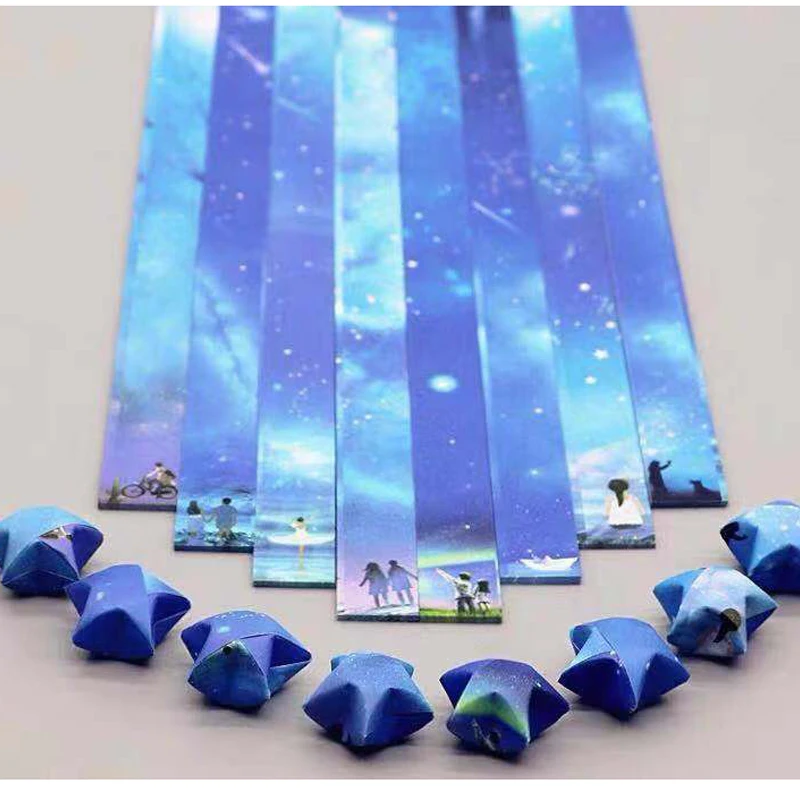 136Pcs DIY Strip Starry Sky Pattern Origami Folding Paper Lucky Star Paper Craft Quilling Paper Handmade Material Cards Gift