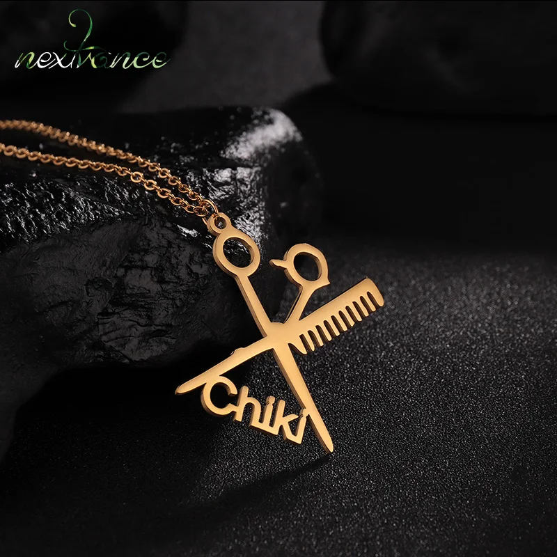 Nextvance Barber Custom Name Necklace Stainless Steel Scissors Comb Pendant Women Neck Men Chain Date Wedding Jewelry Gift