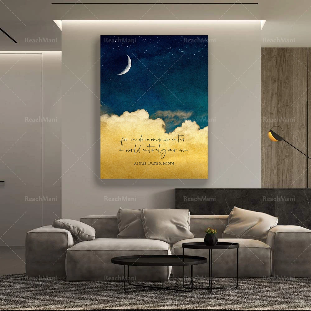 Albus Dumbledore Quote: For in dreams we enter a world entirely our own. Metaphysical Art Printable | Crescent Moon Wall Poster