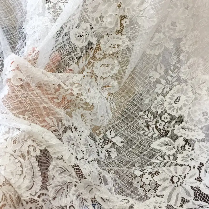 3 Yards French Made Fine Geometric Couture Alencon Embroidery Lace Fabric at 125cm wide, Couture Wedding Gown Fabric