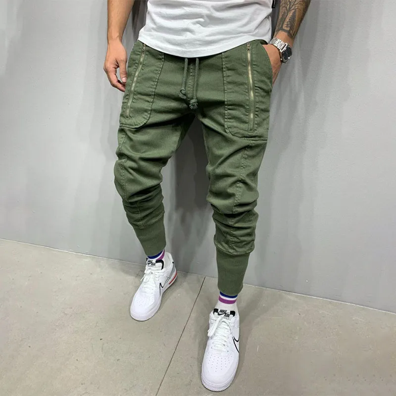 Pantaloni Cargo uomo 2021 Hip Hop Streetwear cotone moda Casual Multi-tasca cerniera pantaloni a matita uomo pantaloni sportivi da jogging verdi