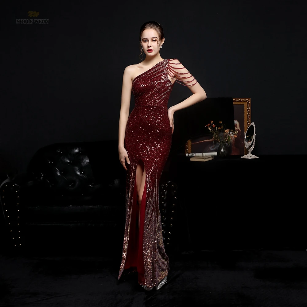 

Prom Dress One-Shoulder Floor-Length Dresses Woman Party Night Beading Sequin Mermaid Evening Dresses