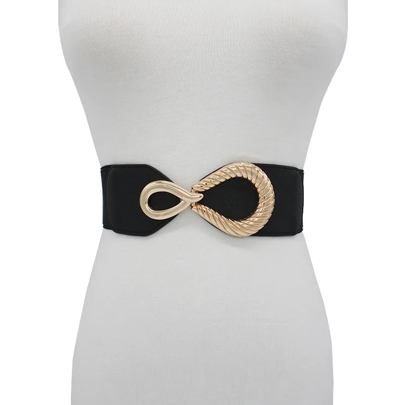 Fashion Woman Gold Metal Buckle Wide Belt Black Elastic Waistband Stretch Waist Seal Dress Accessories Girls Wedding Cummerbunds