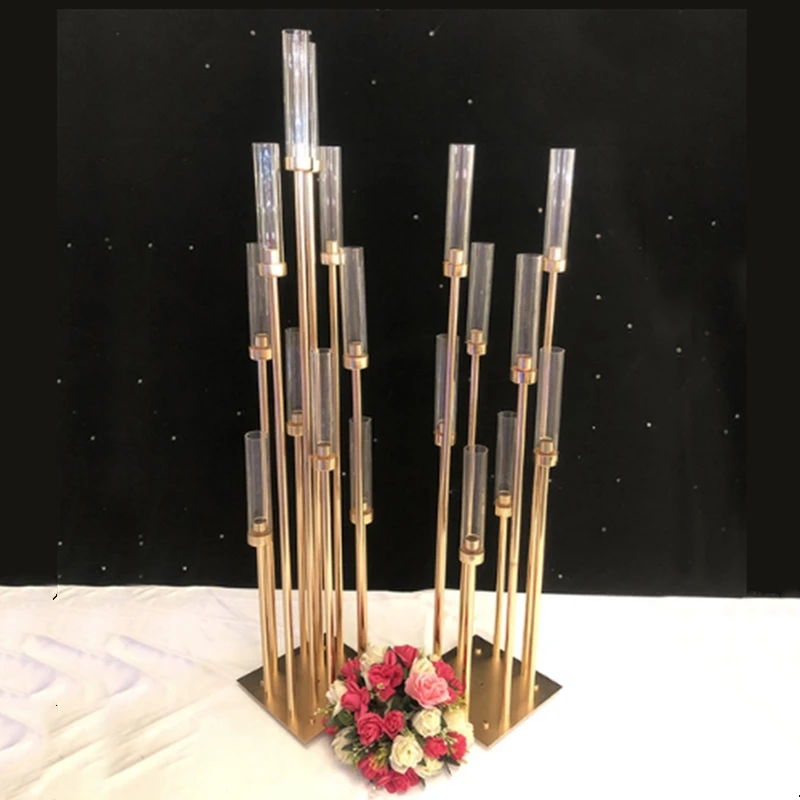 

10 Heads Metal Candelabra Candle Holders Road Lead Table Centerpiece Gold Candelabrum Stand Pillar Candlestick For wedding