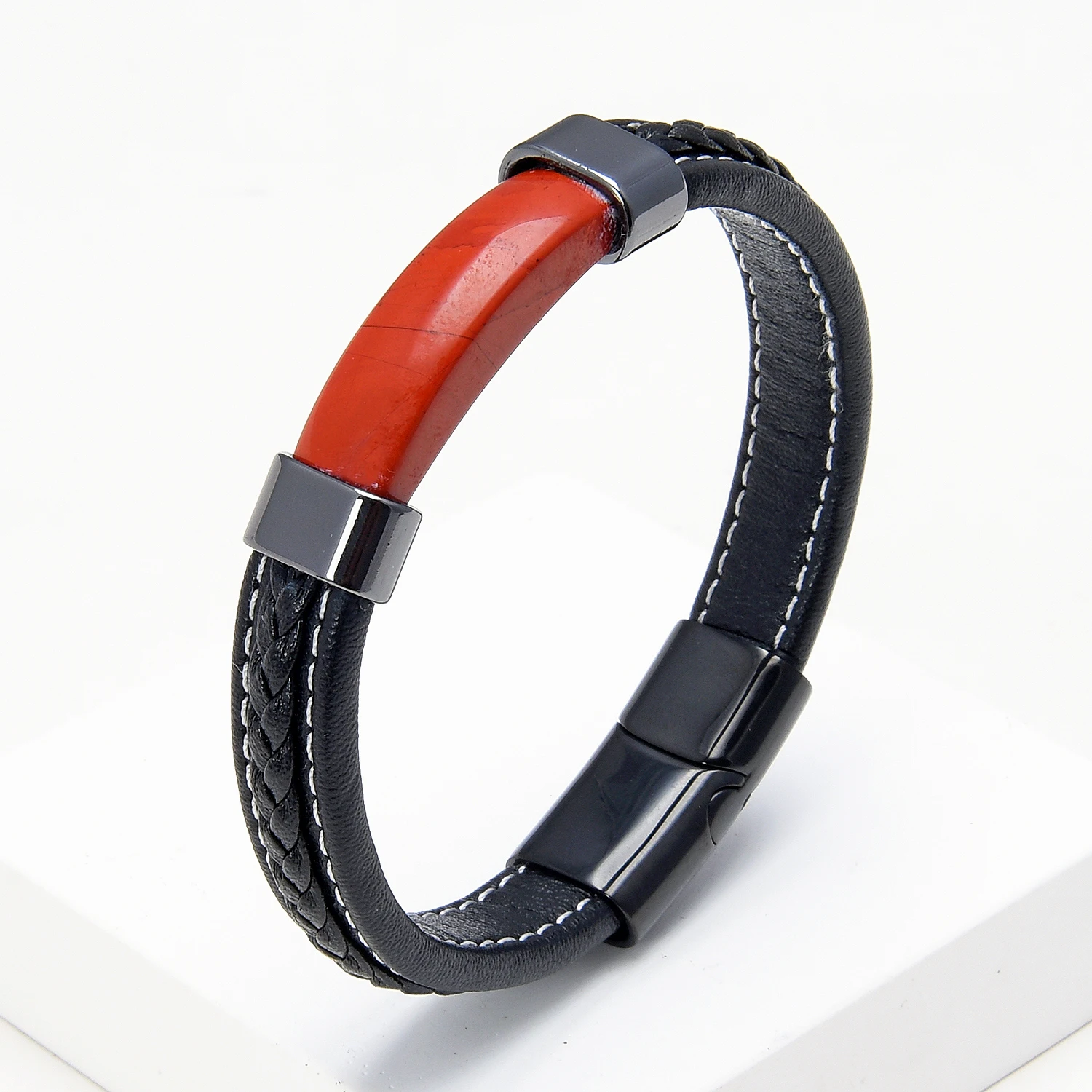 Luxury Natural Stone Men Black Braided Leather Bracelet Stainless Steel Magnetic Buckle Trendy Charm Bracelet Homme Jewelry