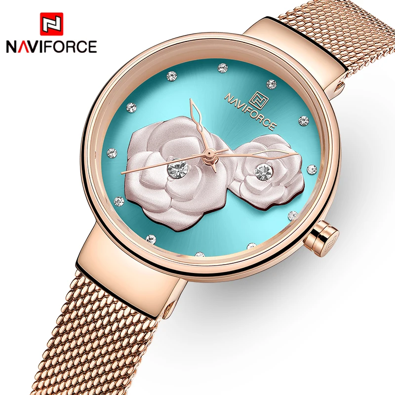 NAVIFORCE New Watches for Women Top Brand Beautiful Flower Quartz Female Wristwatch Stainless Steel Mesh Waterproof Girl Clock