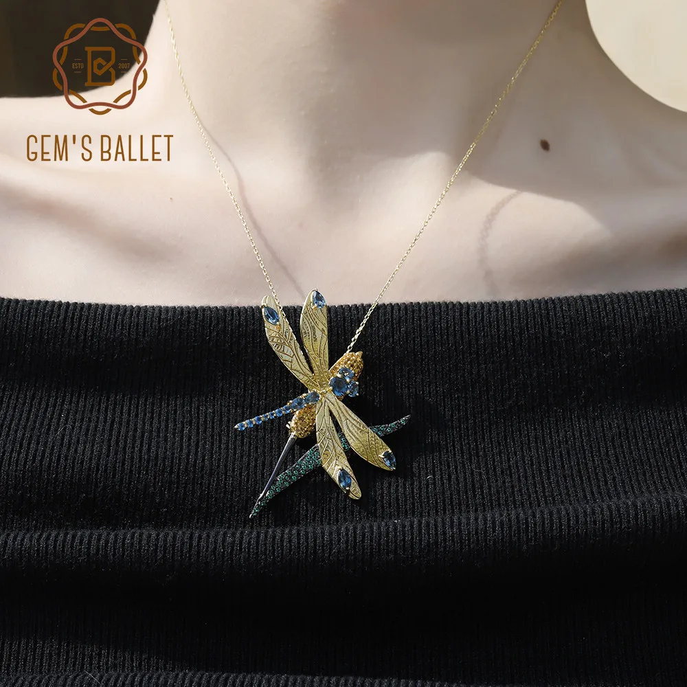 GEM'S BALLET 925 Sterling Silver Gold Plated Animal Wheat ears Brooch Natural London Blue Topaz Dragonfly Brooches For Women