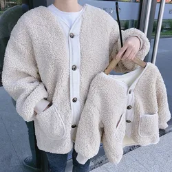 Parent-Child Clothes Boys Mother Girl Jacket Lamb Wool Velvet Padded Jacket  Fall Winter Korean Cardigan Warm Children's Coat