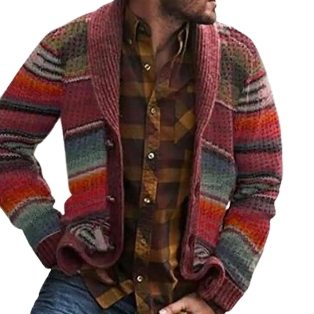 Western Style Sweater Cardigan Men's Knitwear Autumn Color Block Rainbow Striped Sweater Tops Men's Cardigans 2020 new