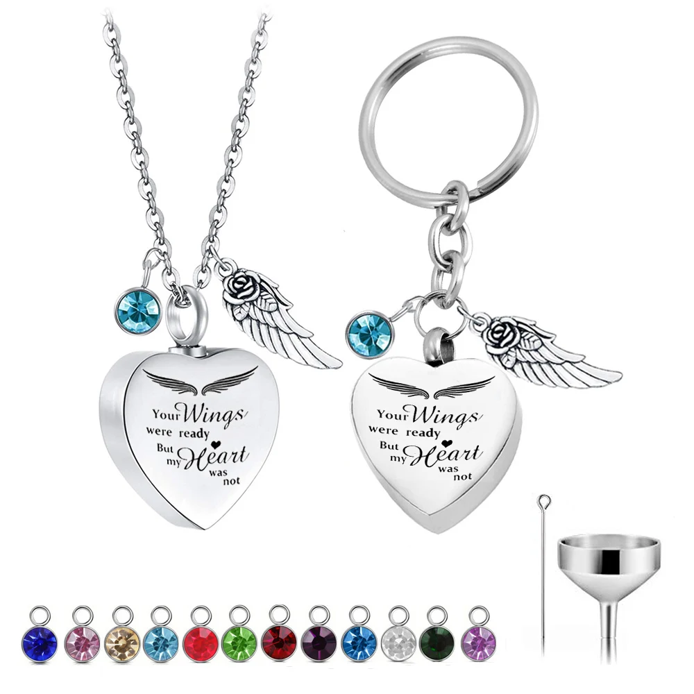 Stainless steel heart ashes pendant cremation jewelry for ashes keepsake with 12-color birthstone and angel wings urn pendant