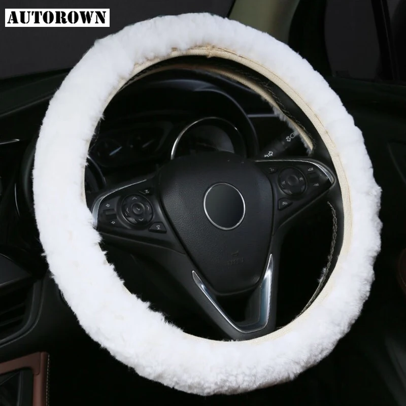 AUTOROWN Natural sheepskin Steering-wheel Steering Wheel Cover Premium Wool Steering Wheel Cover Universal Fit 14