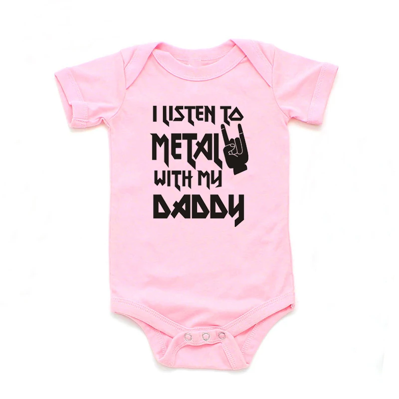 I Listen to Metal with My Daddy and Mommy Funny Newborn Baby Bodysuit Short Sleeve Body Baby Boy Girl Onesie Romper Clothes