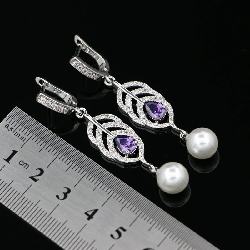 925 Silver Bridal Earrings For Women Wedding White Pearl Purple Cubic Zirconia Drop Earrings