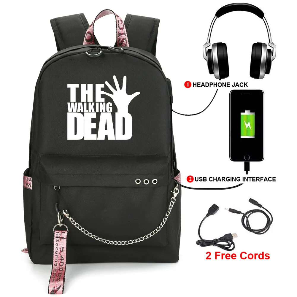 the-walking-dead-printed-usb-backpack-with-chain-headphone-port-school-bags-mochila-travel-laptop-bags