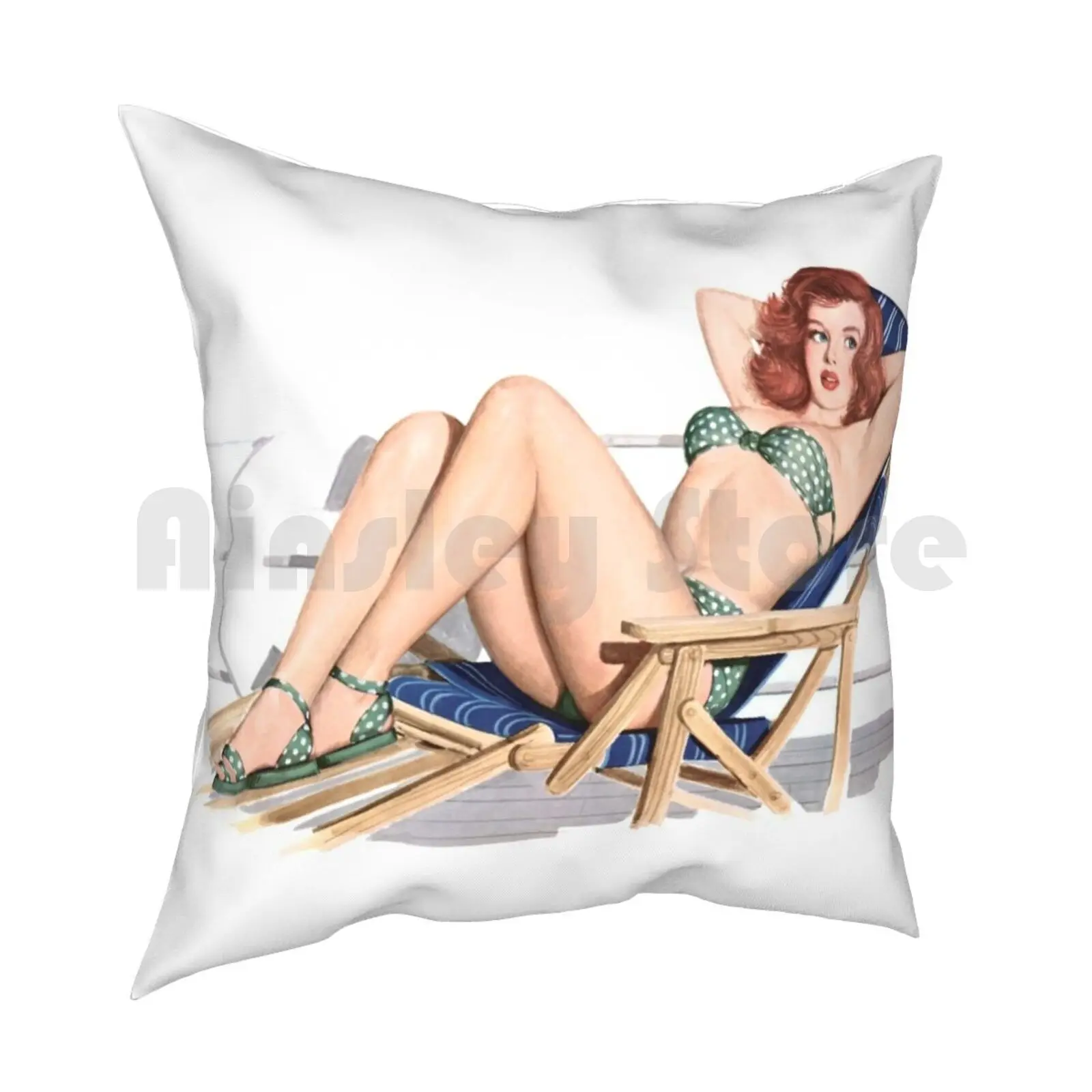 Sexy Redhead Pinup Girl In Bikini On Deck Chair Pillow Case Printed Home Soft Throw Pillow Pinup Girls Up Sexy Bikini