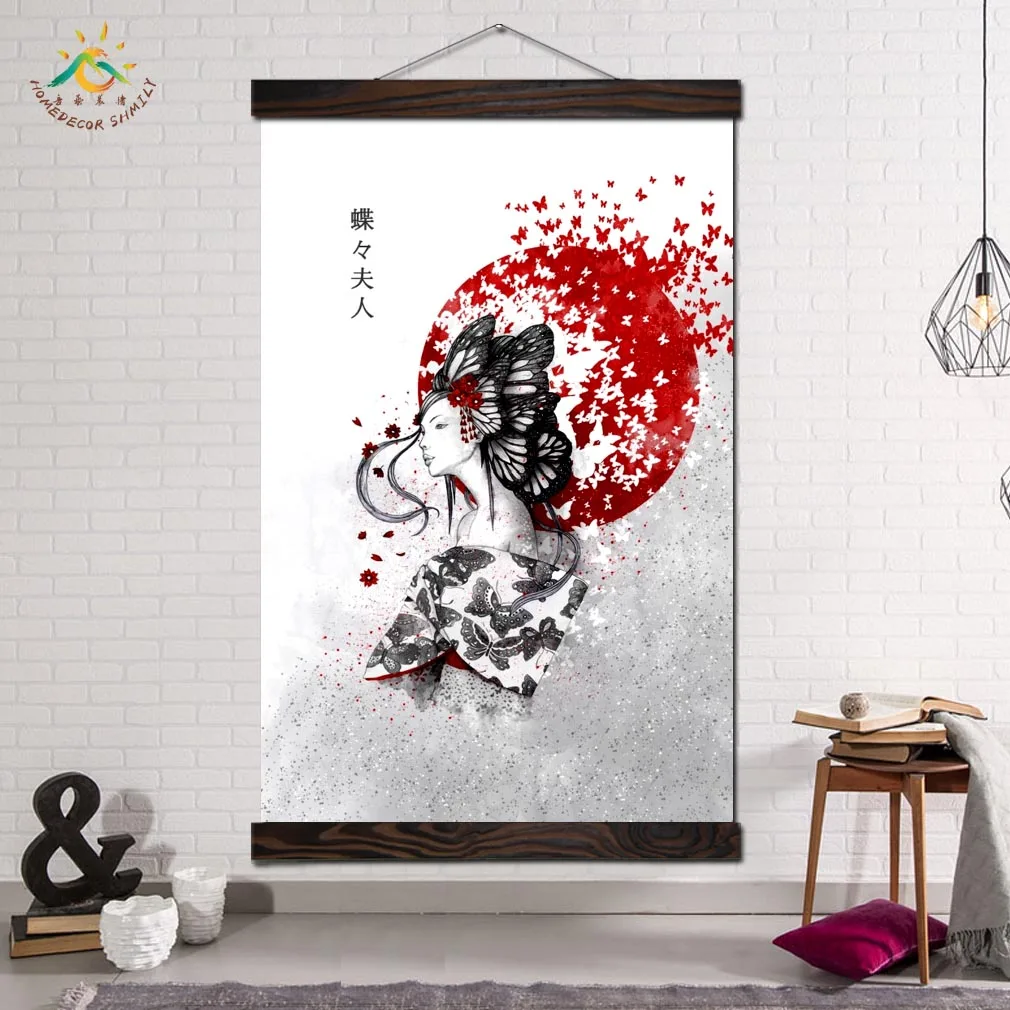 

Japanese Art Butterfly Lady Modern Art Vintage Canvas Painting Prints and Posters Decrative Wall Pictures for Living Room