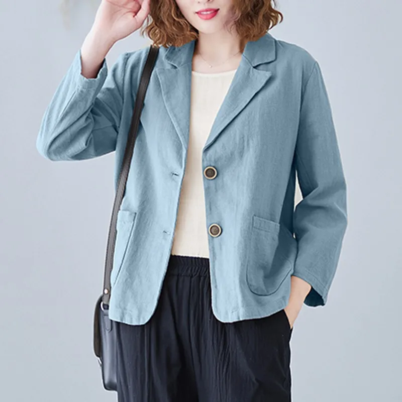 Women Cotton Linen Casual Blazer Coats New 2021 Spring Vintage Style Loose Comfortable Thin Ladies Elegant Short Jackets S3963