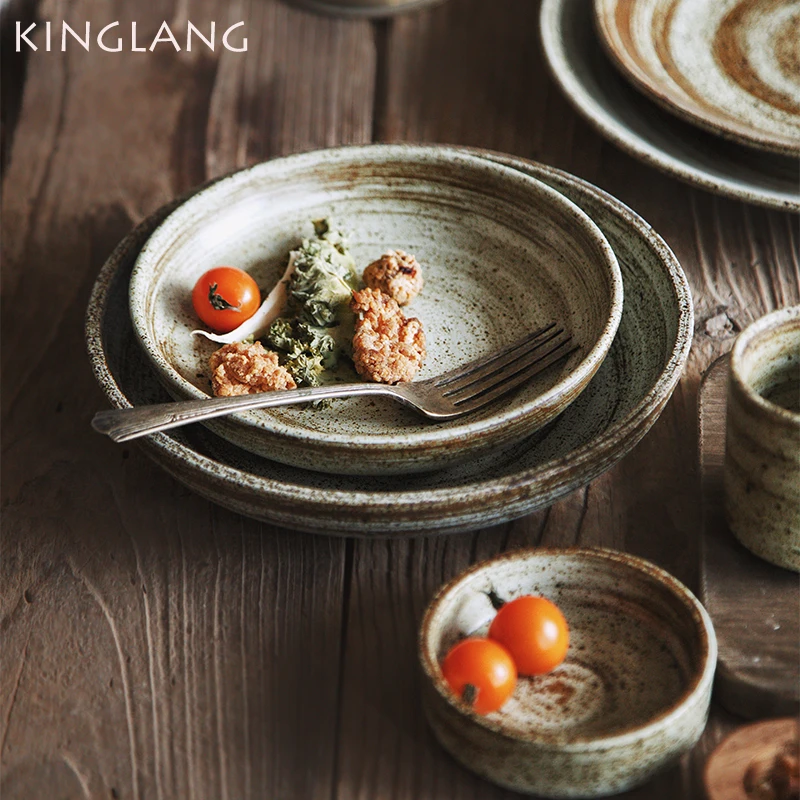 KINGLANG Japanese 2/4 Person Dinner Set Retro Matt Ceramic Dinner Plate Tableware Swallow Salad Food Plate Wholesale RUST Dish