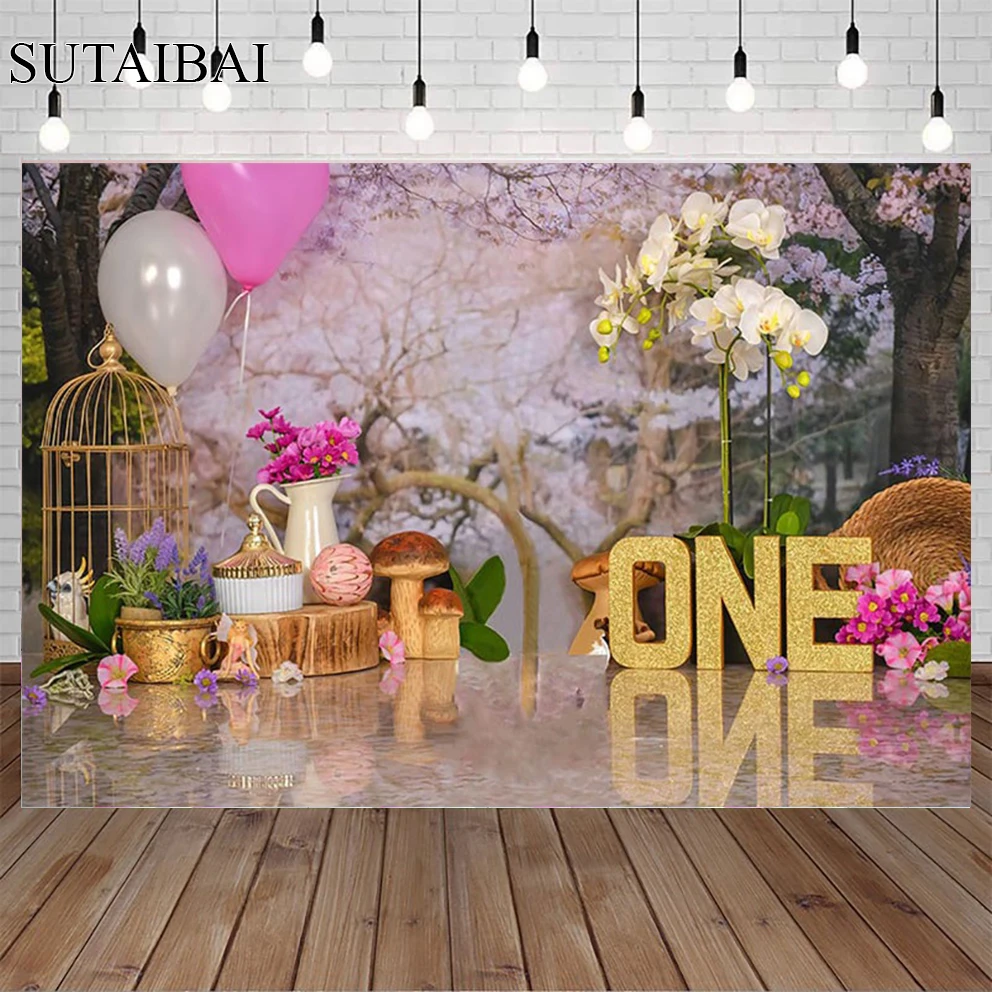 Wild Jungle 1st Girl Birthday Background Pink Balloon Mushroom Cake Crush Children Flowers Children Portrait Photography Props