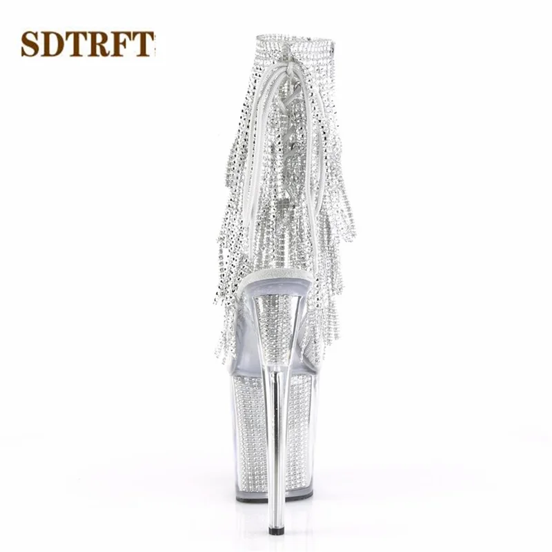 SDTRFT Stilettos 20cm Thin Heels Ankle boots transparent Platforms shoes Woman Rhinestone Tassels Botas Mujer Sequined pumps