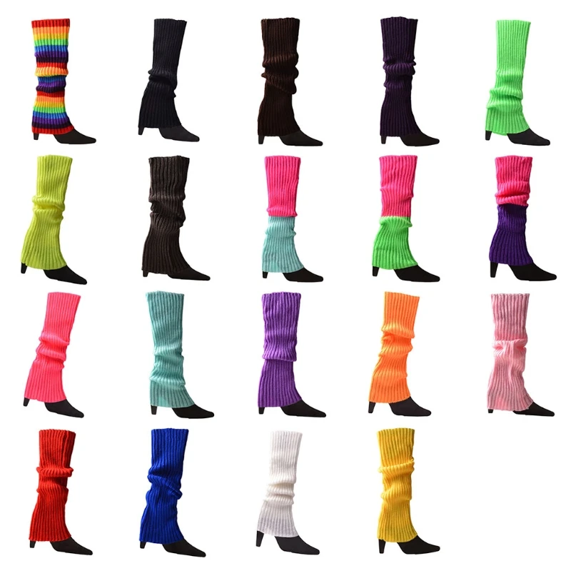 Women 80s Fluorescent Neon Colored Knit Leg Warmers Ribbed Footless Socks Stockings Halloween Dance Party Accessories