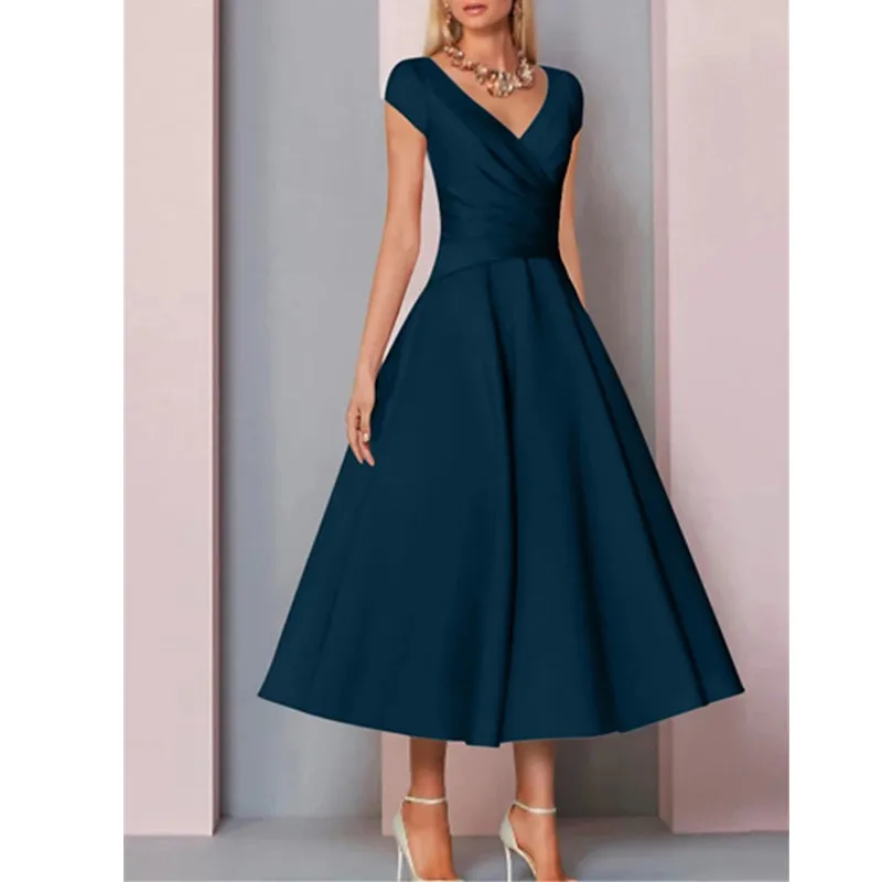 

Elegant V Neck Tea Length Charmeuse Mother of the Bride Dresses 2023 Navy Blue Sleeveless Mother Evening Dress with Ruching