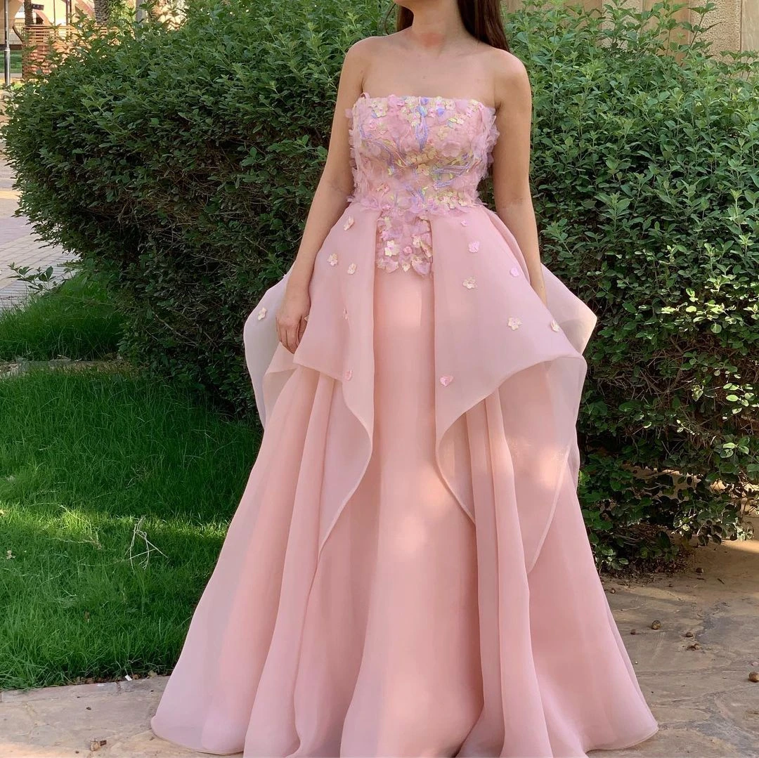 Vestidos de graduación con estampado Floral sin tirantes para niña, vestido de cumpleaños largo hasta el suelo, vestido de dama de honor rosa, vestido de noche personalizado