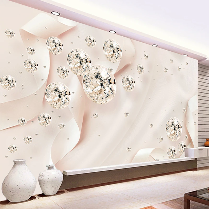 Custom Photo Wallpaper Modern 3D Creative Pink Ribbon Silk Wall Painting Diamond Jewelry Wall Decor Wallpaper For Bedroom Walls