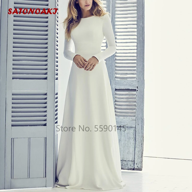 2024 New A-Line Modest Princesa Wedding Dress for Women Long Sleeves Jewel Neck Sweep Train Bridal Gown Vestidos De Novia France