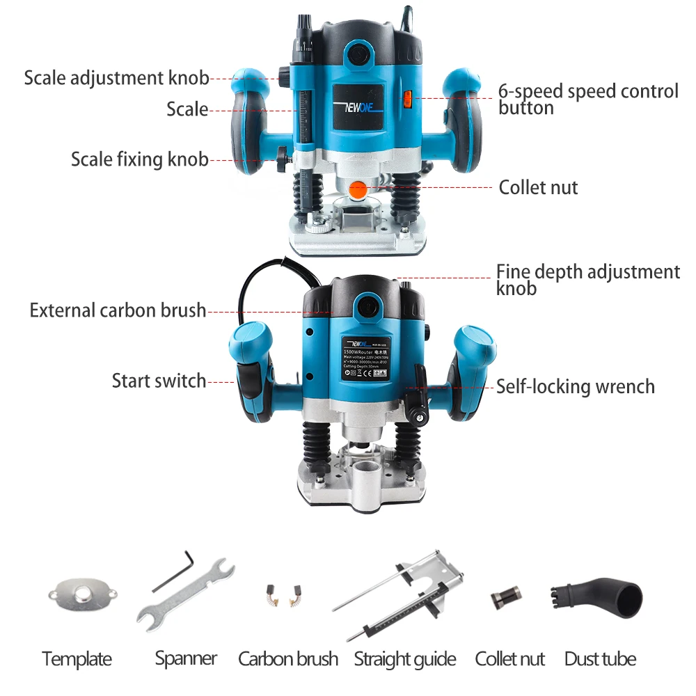 1500W Electric Hand Trimmer Router Edge Wood Laminate 30000RPM 1/4inch 6.35mm Palm Router Joiners Tool Woodworking