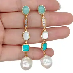 YYGEM 2.3'' geometric gold filled Amazonite White Keshi Pearl shell Blue turquoise crystal pave Dangle Earrings cute for women