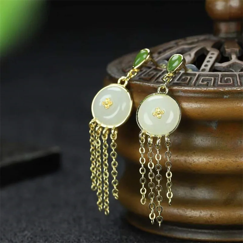 Hot Selling Natural Hand-carved 925 Silver Gufajin Inlaid White Jade Pingan Buckle Earrings Studs Fashion Jewelry Women Gifts